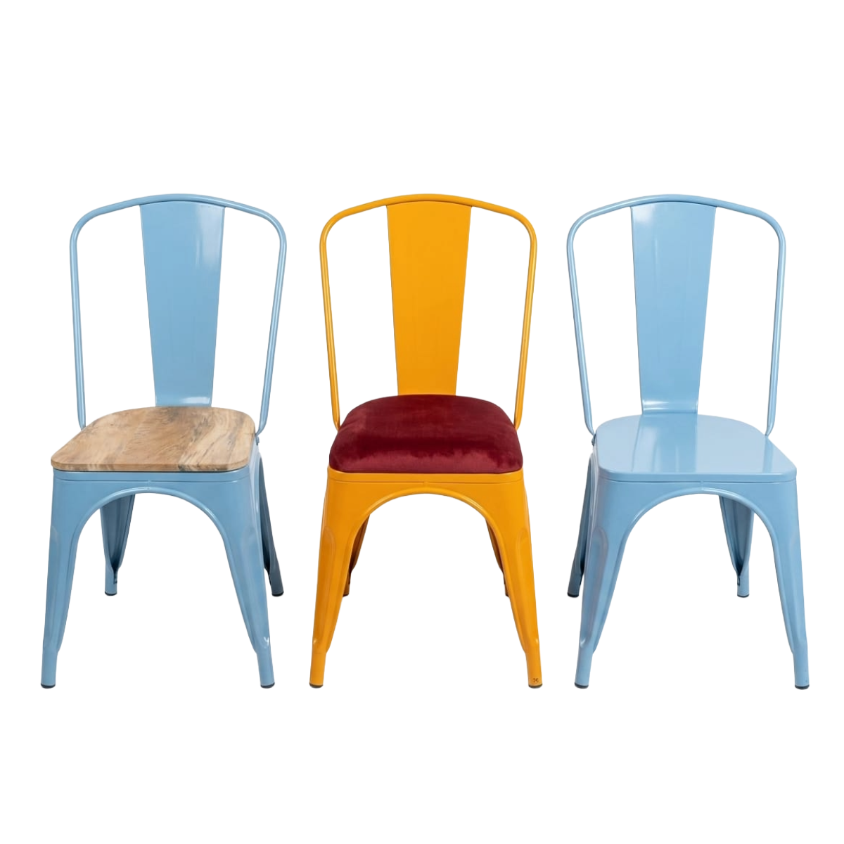 Modern metal dining chair set with iron top, wooden top, and cushion top variants.